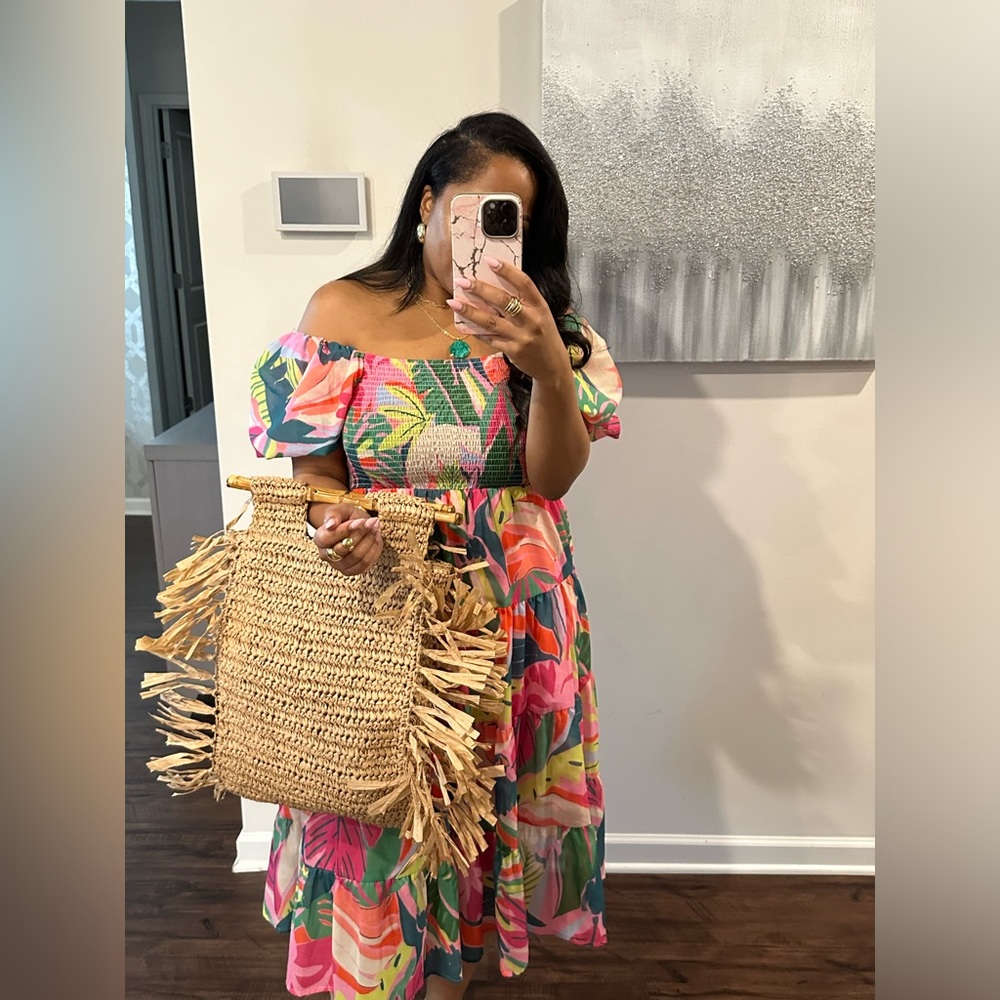 Woven Fringe Tote Bag - Natural Straw